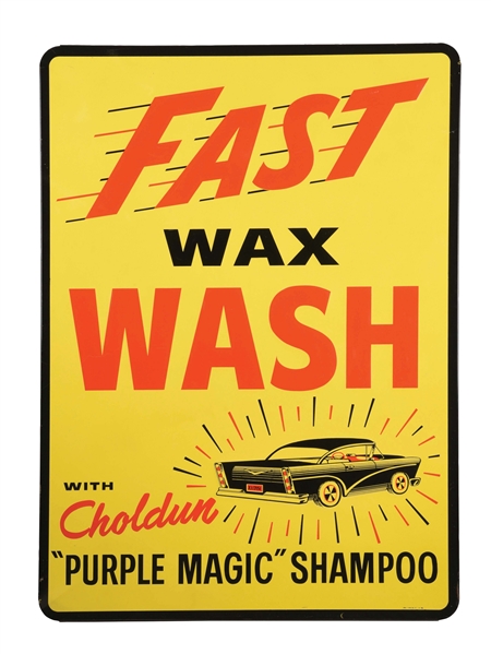 UNIQUE & OUTSTANDING FAST WAX & WASH EMBOSSED TIN SERVICE STATION SIGN W/ CAR GRAPHIC. 