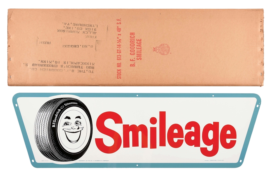 OUTSTANDING NEW OLD STOCK B.F. GOODRICH SMILEAGE TIRES TIN SERVICE STATION SIGN W/ ORIGINAL SHIPPING BOX. 