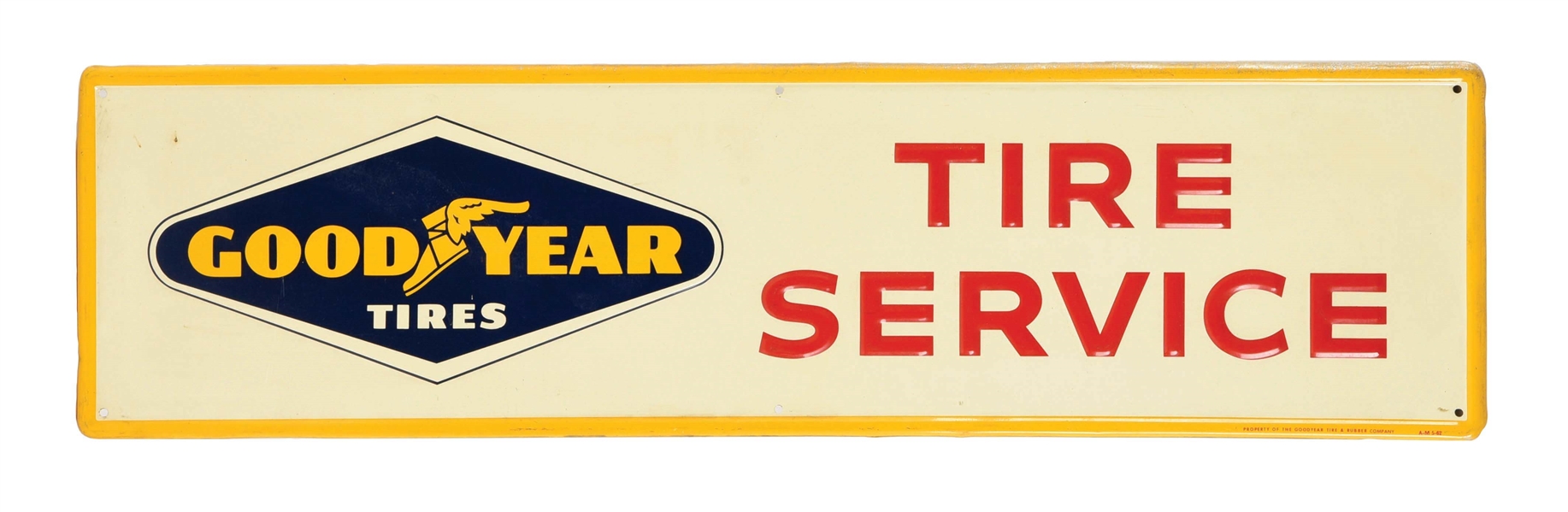 GOODYEAR TIRES EMBOSSED TIN SERVICE STATION SIGN W/ SELF FRAMED EDGE. 
