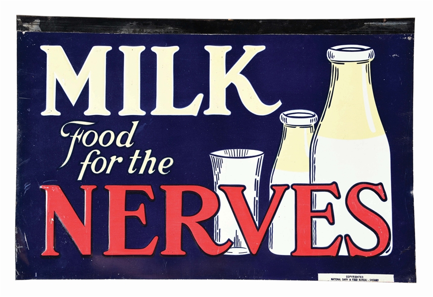 SINGLE-SIDED TIN EMBOSSED "MILK FOOD FOR THE NERVES" SIGN. 