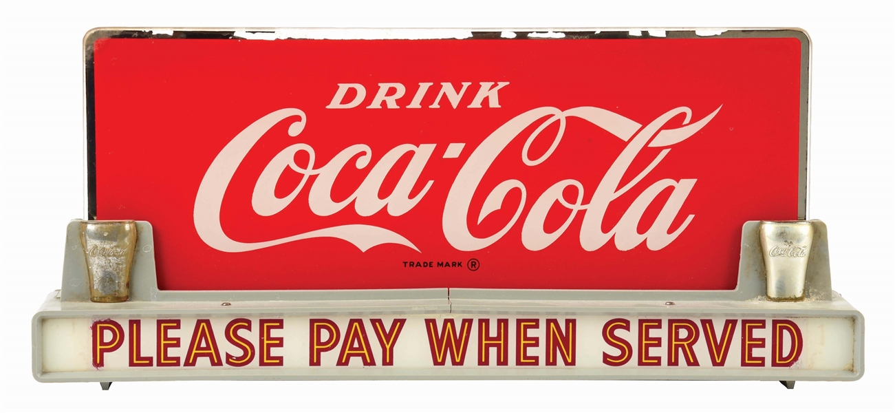 COUNTERTOP COCA-COLA "PLEASE PAY WHEN SERVED" DISPLAY.