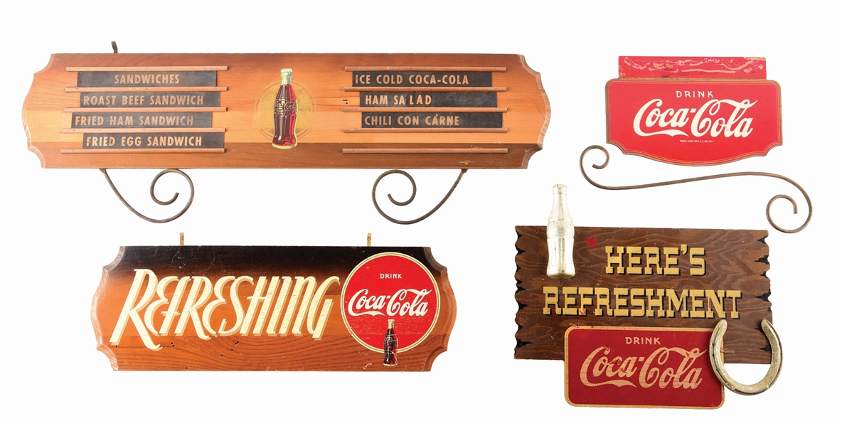 LOT OF 4: WOOD AND METAL COCA COLA ADVERTISING SIGNS.
