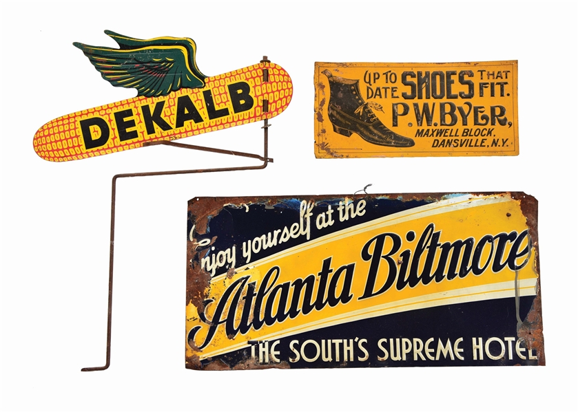 LOT OF 3: TIN ADVERTISING SIGNS.