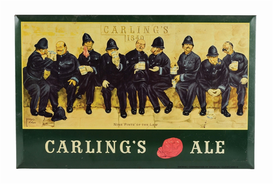 TIN OVER CARDBOARD BEVELED SIGN FOR CARLINGS ALE.