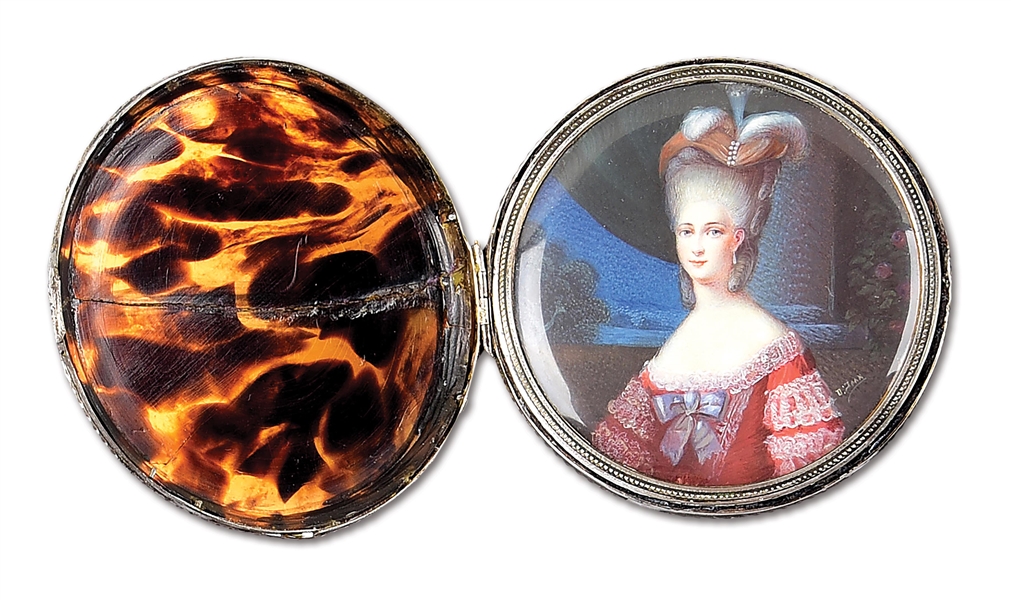 TORTOISE SHELL AND SILVER CASED HAND PAINTED PORTRAIT MINIATURE OF AN 18TH CENTURY WOMAN