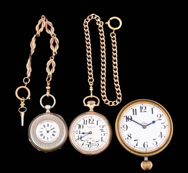 LOT OF 3: 2 OPEN FACE POCKET WATCHES & 1 TRAVEL CLOCK.
