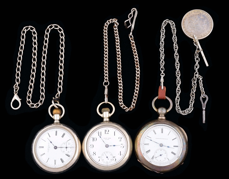 LOT OF 3: SILVER TONE OPEN FACE POCKET WATCHES.