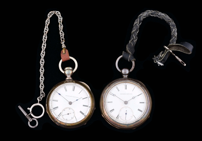 LOT OF 2: ELGIN OPEN FACE COIN SILVER POCKET WATCHES.