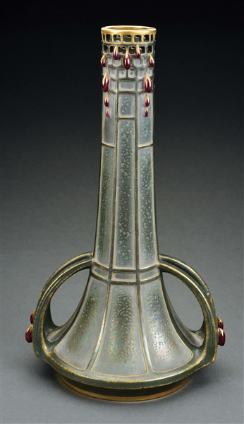 PAUL DACHSEL TWO HANDLED RETICULATED TOP VASE WITH TEARDROPS.