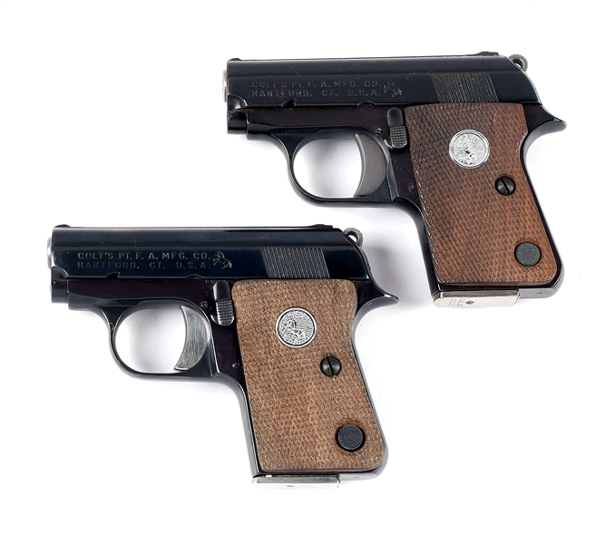 (C) LOT OF 2: PAIR OF COLT JUNIOR .25 ACP SEMI-AUTOMATIC PISTOLS WITH BOXES.