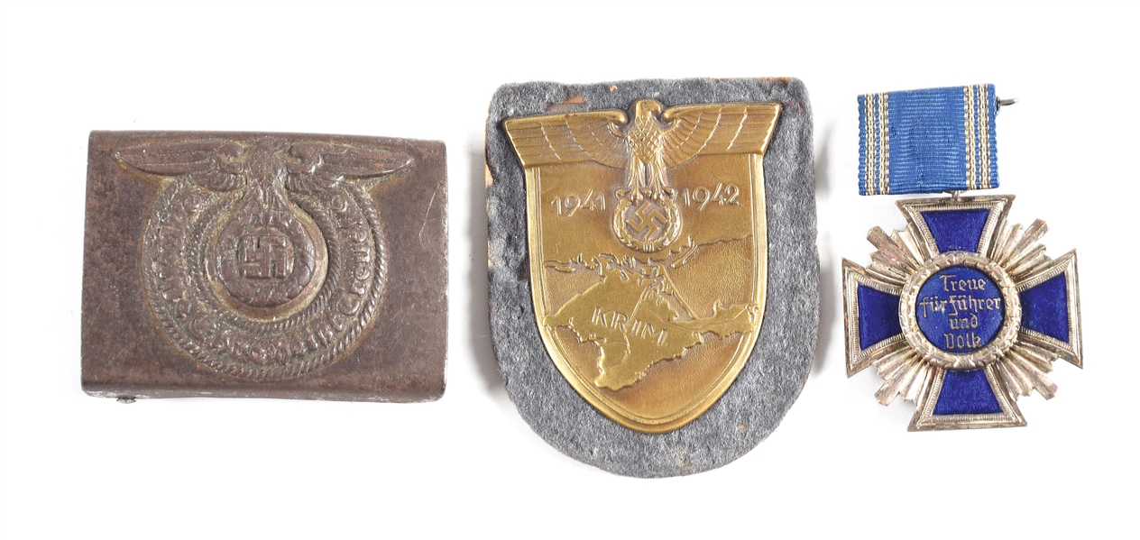 LOT OF 3: GERMAN WWII KRIM SHIELD, NSDAP SERVICE MEDAL, AND SS BUCKLE.