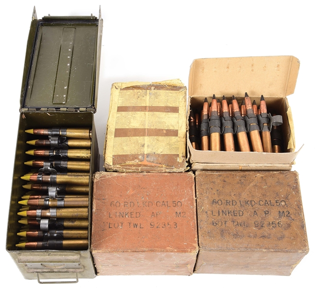 LOT OF 310 ROUNDS OF .50 BMG ARMOR PIERCING AND YELLOW TIP AMMO.