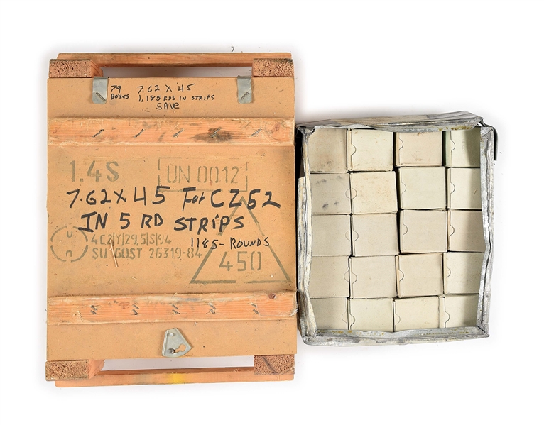 LOT OF APPROXIMATELY 2385 ROUNDS OF 7.62X45MM AMMUNITION IN CRATE AND OPENED TIN LINER.	