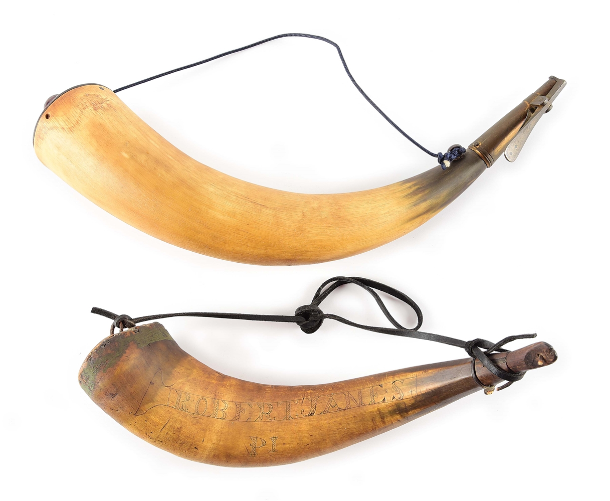 LOT OF 2: LARGE ARTILLERY POWDER HORN AND ENGRAVED HORN OF ROBERT JANES.