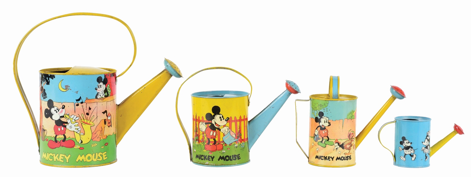LOT OF 4: TIN LITHO WALT DISNEY-THEMED WATERING CANS.