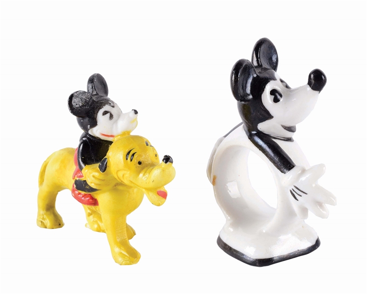 LOT OF 2: MICKEY MOUSE NAPKIN RING AND BISQUE FIGURE.