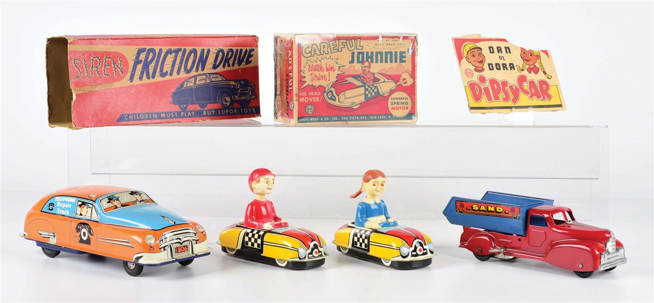 LOT OF 4: VARIOUS MARX AND LUPOR FRICTION AND WIND-UP VEHICLE TOYS.