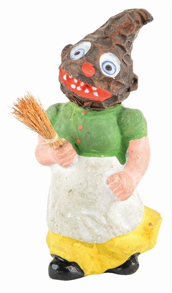 UNUSUAL HALLOWEEN LADY HOLDING BROOM WITH VEGETABLE HEAD CANDY CONTAINER.