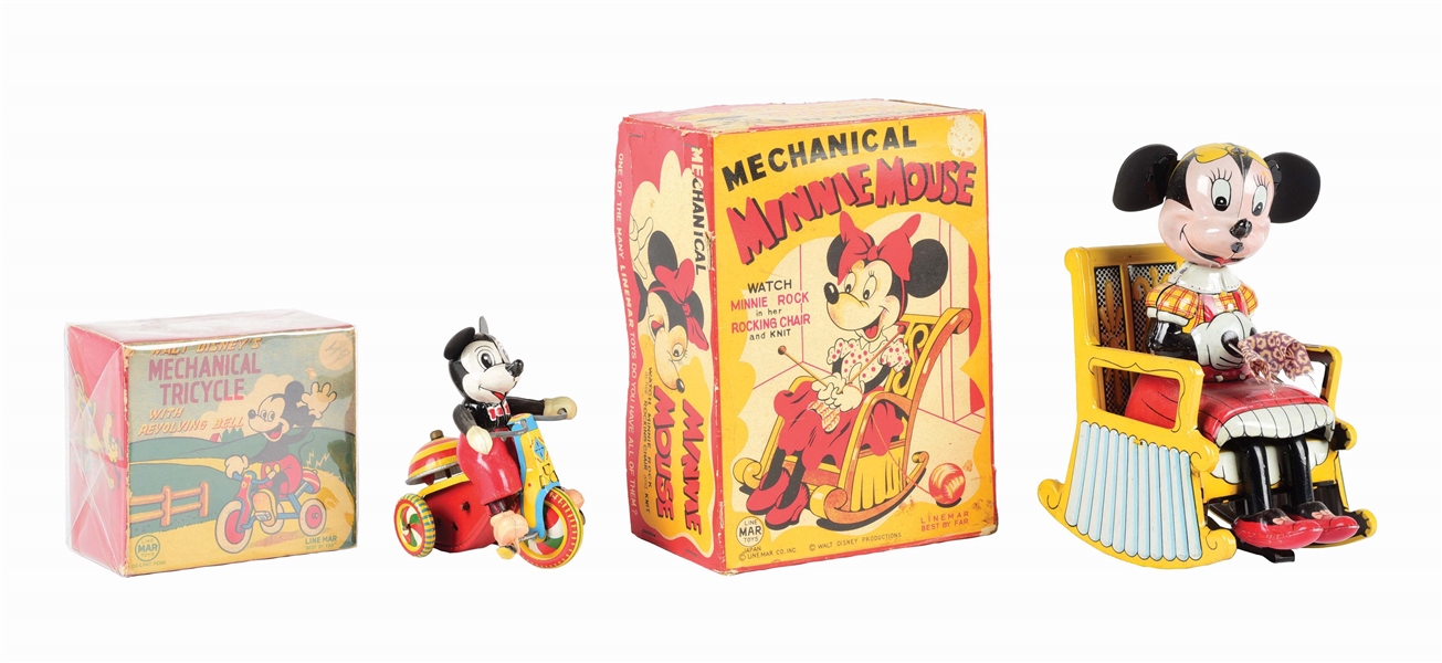 LOT OF 2: JAPANESE WALT DISNEY TIN LITHO LINEMAR MICKEY AND MINNIE MOUSE TOYS.