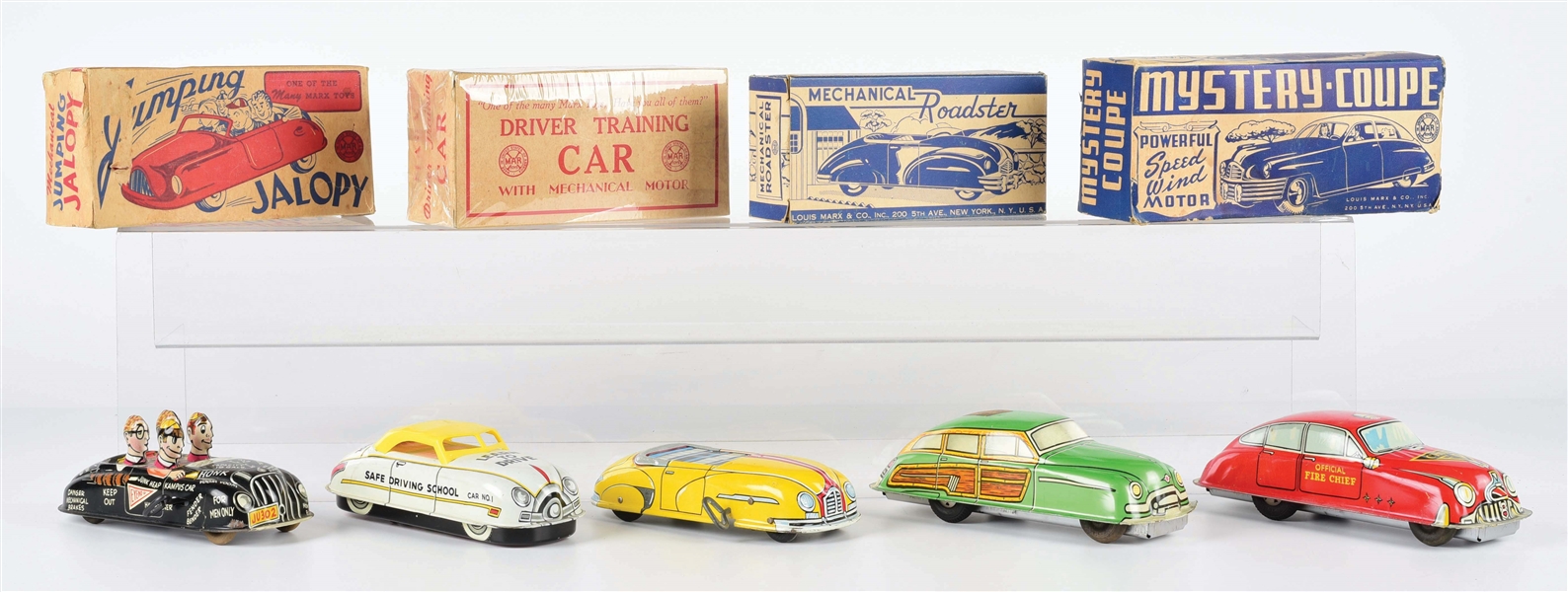 LOT OF 5: VARIOUS TIN LITHO AND PLASTIC MARX AUTOMOBILE TOYS.
