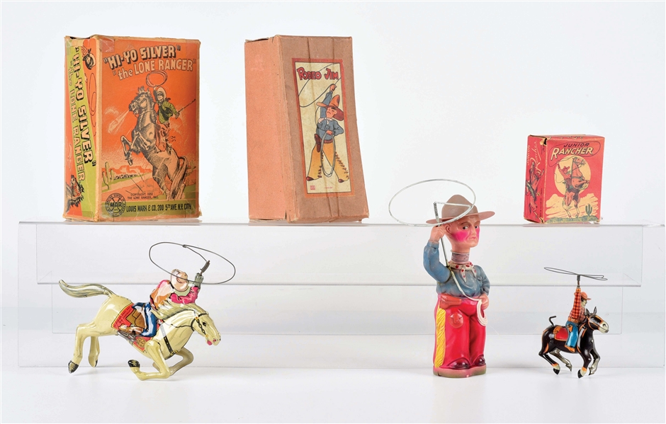 LOT OF 3: WESTERN-THEMED AMERICAN AND JAPANESE TIN LITHO AND CELLULOID WIND-UP TOYS.