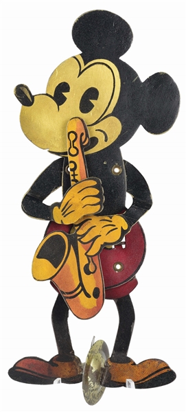 GERMAN TIN LITHO WALT DISNEY MICKEY MOUSE SAXOPHONE-PLAYING SQUEEZE TOY.