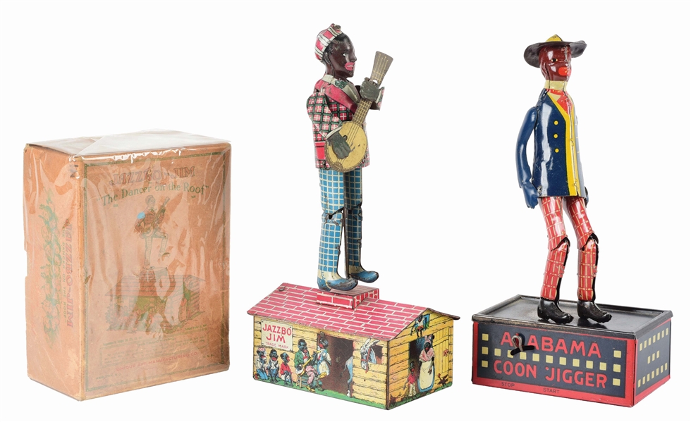 LOT OF 2: AMERICAN MADE TIN LITHO WIND-UP AFRICAN AMERICAN ROOF DANCING TOYS.