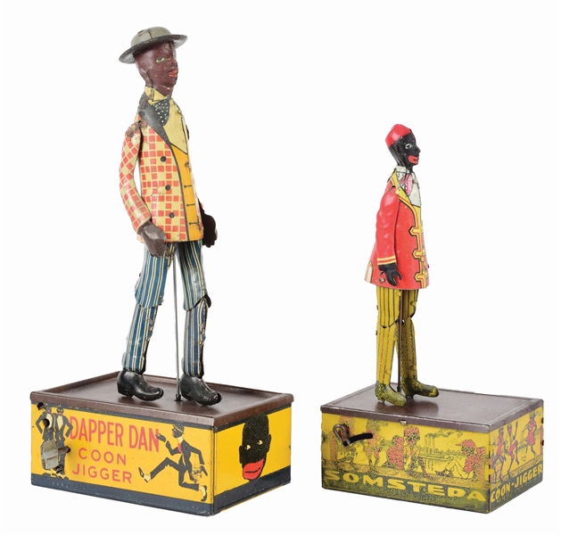 LOT OF 2: MARX PRE-WAR TIN LITHO WIND-UP AFRICAN AMERICAN ROOF DANCING TOYS.