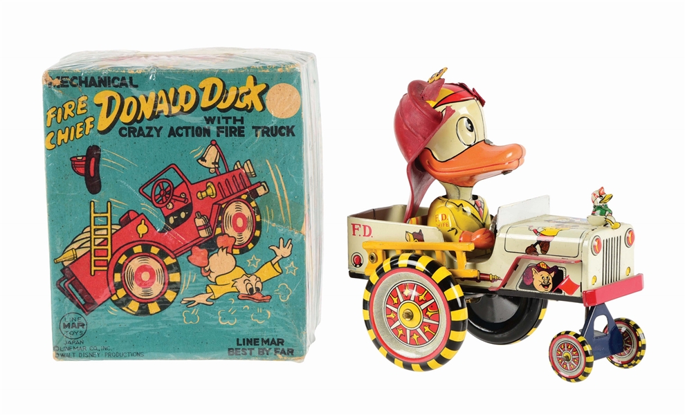 LINEMAR TIN LITHO WIND-UP DONALD DUCK FIRE CHIEF CAR.