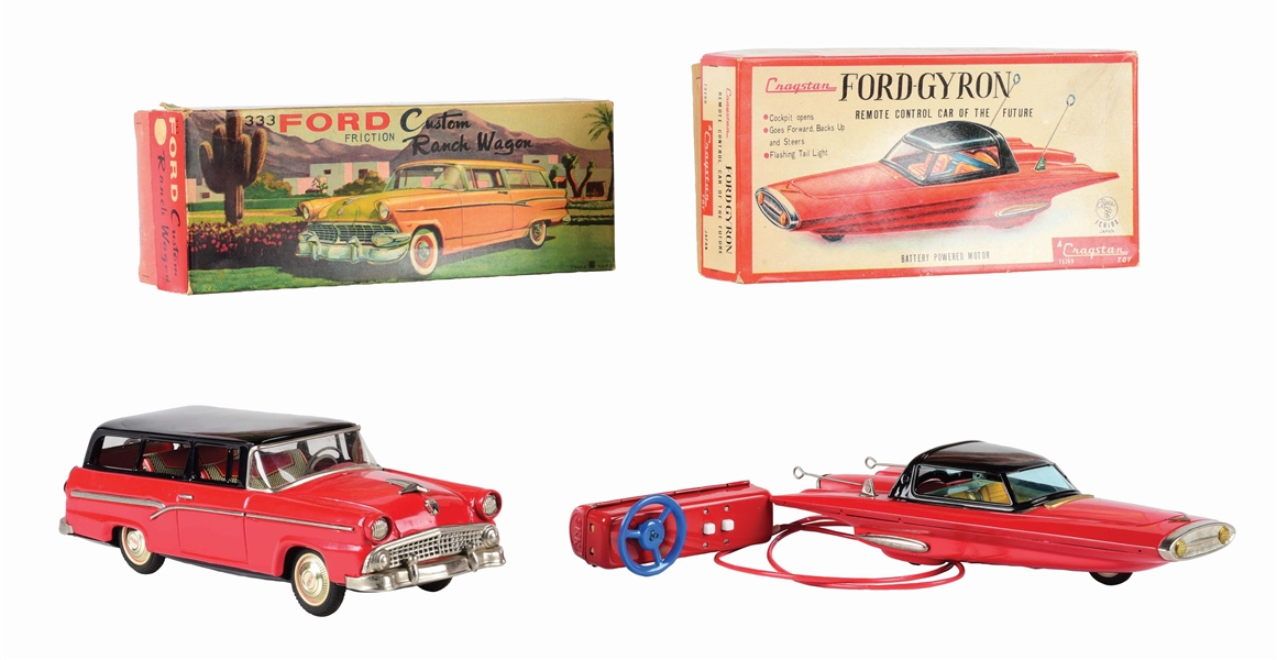 LOT OF 2: BOXED JAPANESE TIN LITHO FRICTION AND BATTERY-OPERATED AUTOMOBILE TOYS.