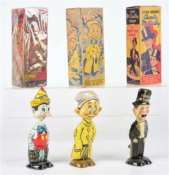 LOT OF 3: VARIOUS MARX CHARACTER WIND-UP TIN LITHO WALKING FIGURES.