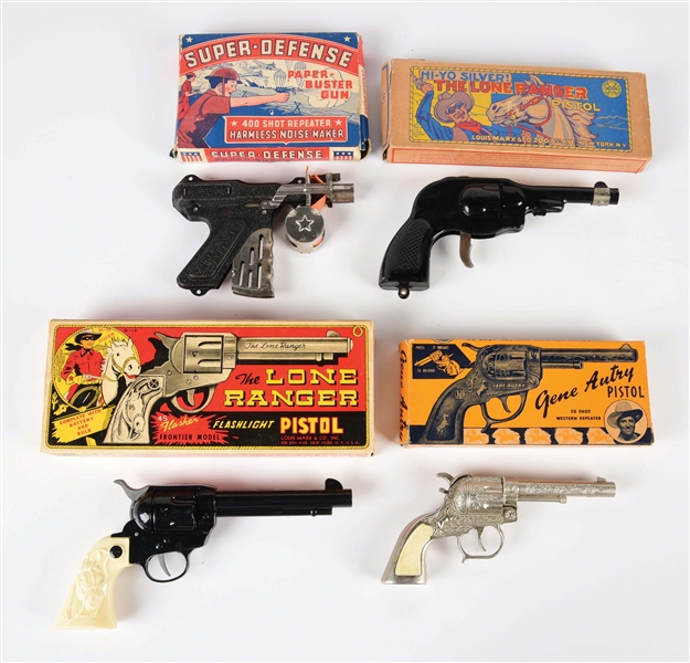 LOT OF 4: AMERICAN MADE VARIOUS CHARACTER TOY GUNS.