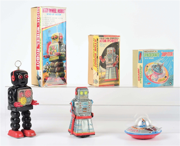LOT OF 3: JAPANESE TIN LITHO AND PLASTIC FRICTION AND WIND-UP SPACE TOYS.