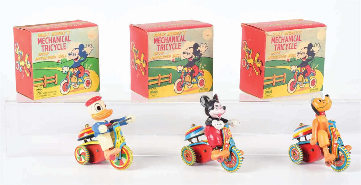 LOT OF 3: LINEMAR WALT DISNEY MECHANICAL CHARACTER TRICYCLE TOYS.