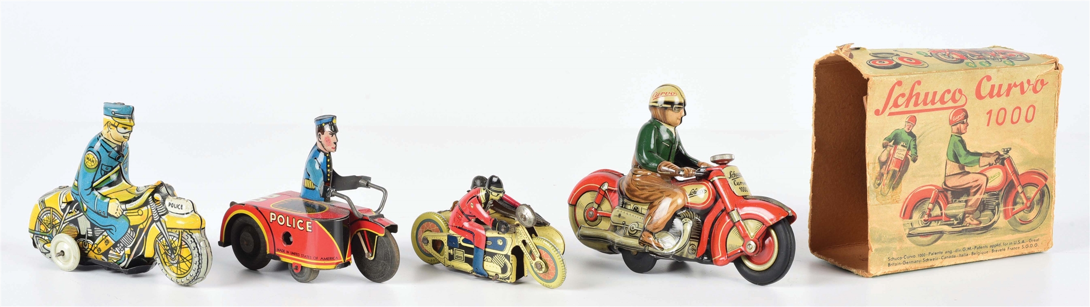 LOT OF 4: AMERICAN AND EUROPEAN TIN LITHO WIND-UP MOTORCYCLE TOYS.