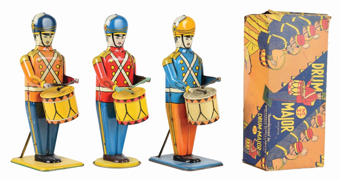 LOT OF 3: LITHO VARIATIONS OF TIN WIND-UP WYANDOTTE DRUM MAJOR TOYS.