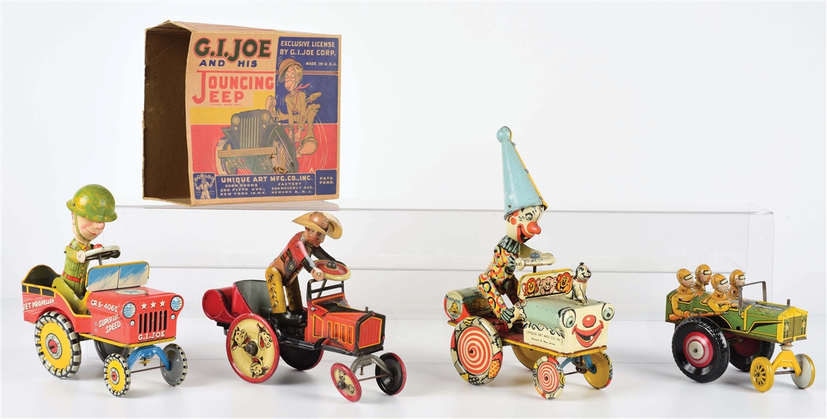 LOT OF 4: AMERICAN MADE TIN LITHO WHOOPEE CAR TOYS.