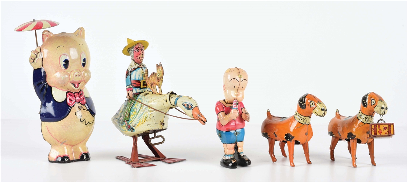 LOT OF 5: AMERICAN MADE TIN LITHO CHARACTER TOYS.