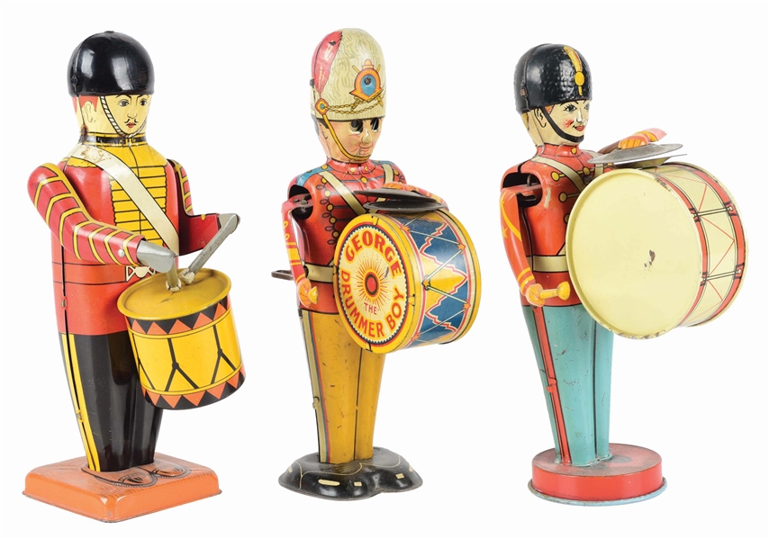 LOT OF 3: TIN LITHO WIND-UP BAND MEMBER TOYS.
