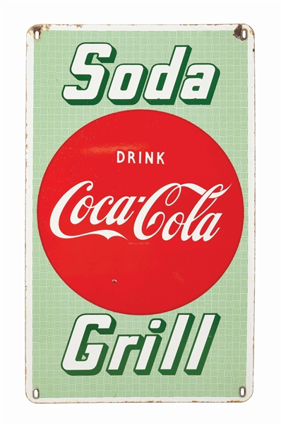 SINGLE-SIDED PORCELAIN COCA-COLA SODA AND GRILL SIGN.