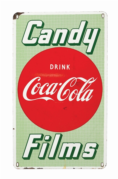 SINGLE-SIDED PORCELAIN CANDY AND FILMS COCA-COLA SIGN.