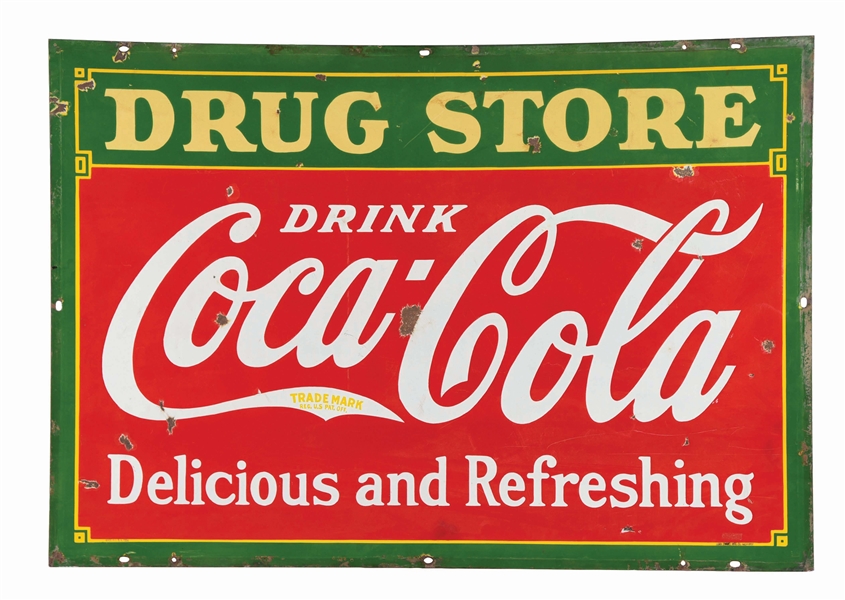 DOUBLE-SIDED PORCELAIN COCA-COLA DRUG STORE SIGN.