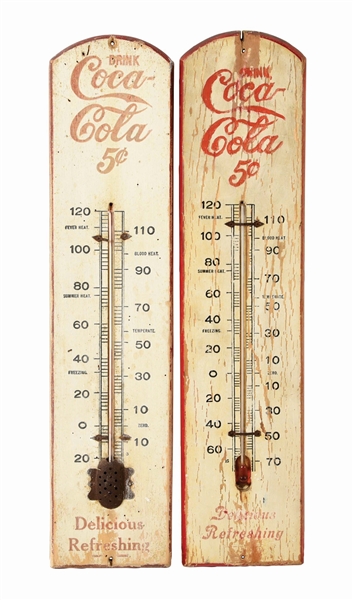 LOT OF 2: COCA-COLA 5¢ WOODEN THERMOMETERS.