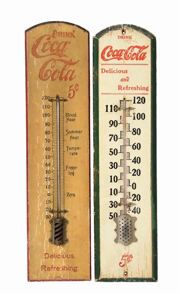 LOT OF 2: COCA-COLA 5¢ WOODEN THERMOMETERS.