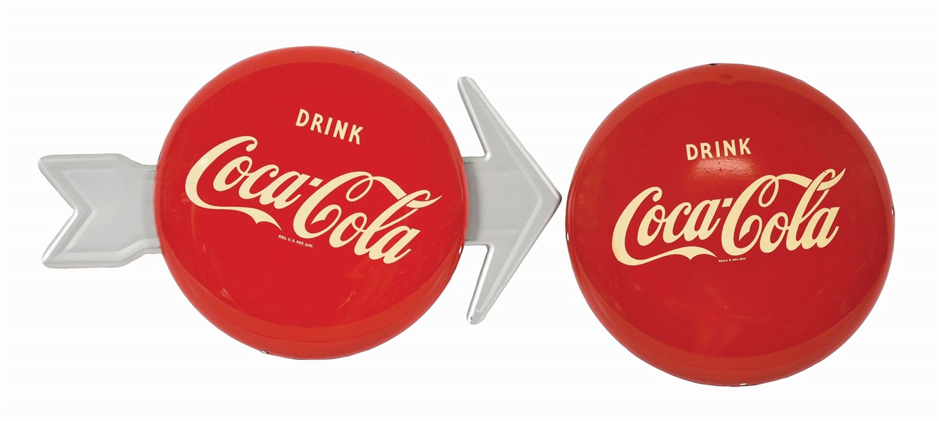 LOT OF 2: PAINTED METAL COCA-COLA BUTTON SIGNS.