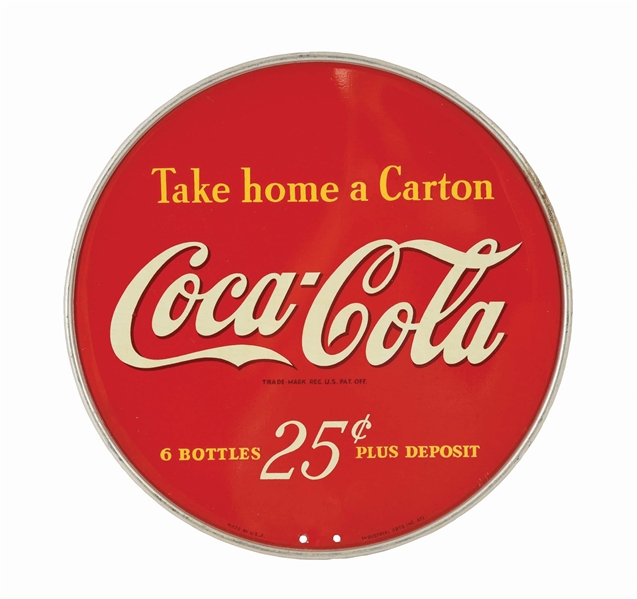 DOUBLE-SIDED COCA-COLA "TAKE HOME A CARTON 6 BOTTLES FOR 25¢" RACK TOPPER.