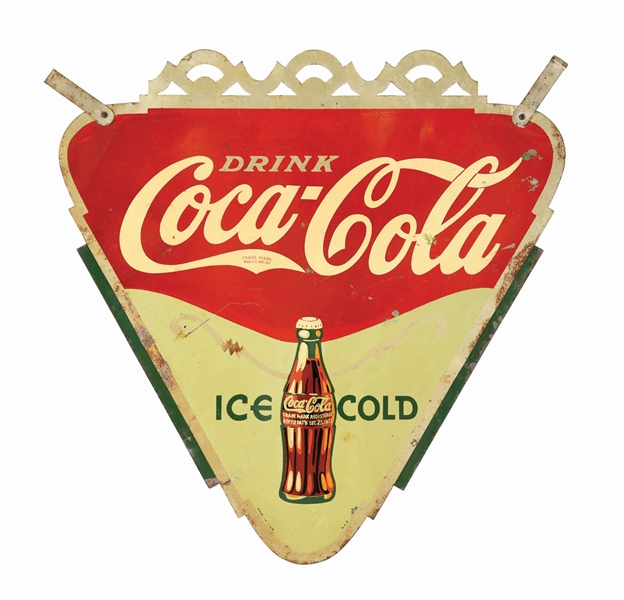 DOUBLE-SIDED PAINTED METAL "DRINK COCA-COLA ICE COLD" DIE-CUT HANGING SIGN.