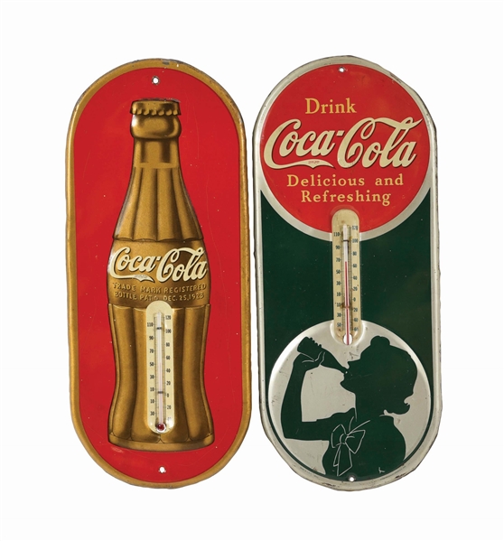 LOT OF 2: COCA-COLA PAINTED TIN THERMOMETERS.
