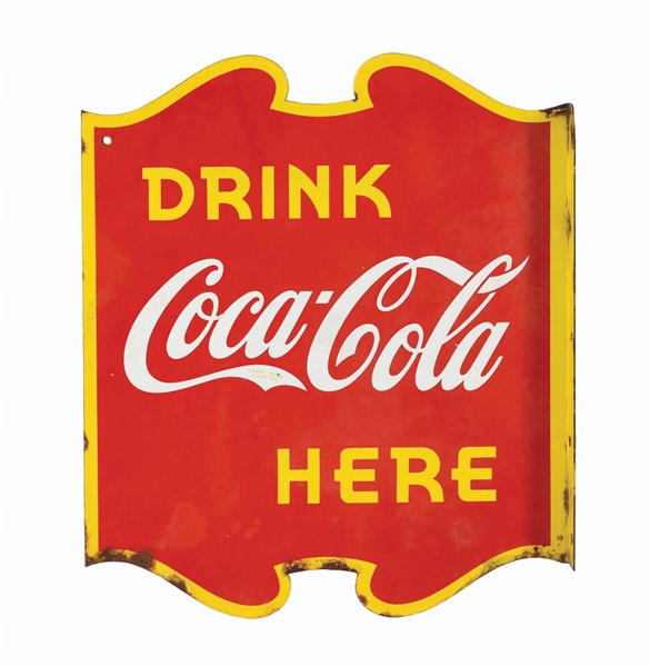 DOUBLE-SIDED PORCELAIN "DRINK COCA-COLA HERE" CANADIAN FLANGE SIGN.