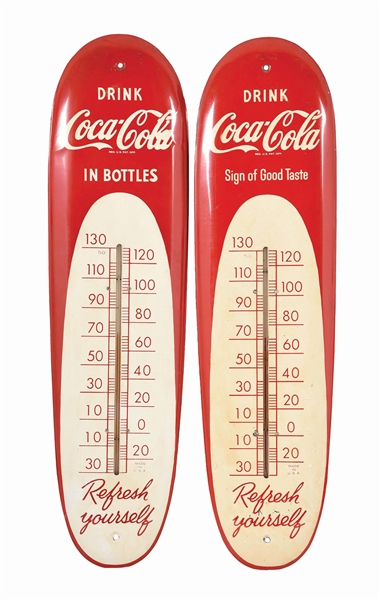 LOT OF 2: COCA-COLA PAINTED TIN THERMOMETERS.